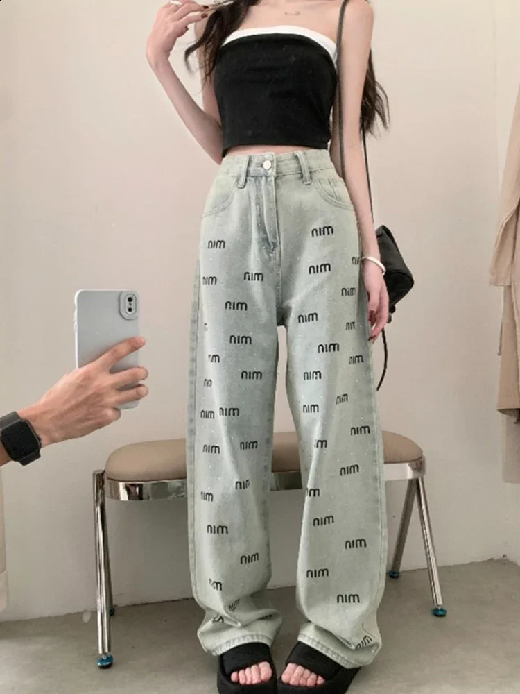 Women Rhinestone Embroidered Letter Wide-Leg Jeans Spring High Waist Loose and Slimming Straight Mopping Pants 250319