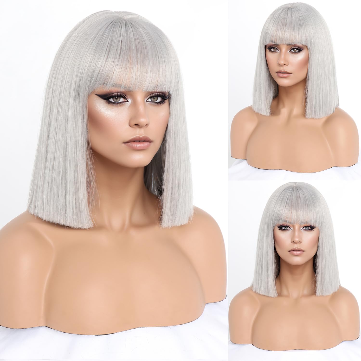 Silver Bob Wig with Bangs, Short Straight Bob wig, Shoulder Length, Natural Looking Cosplay Daily Party Wig, Halloween (12Inch)