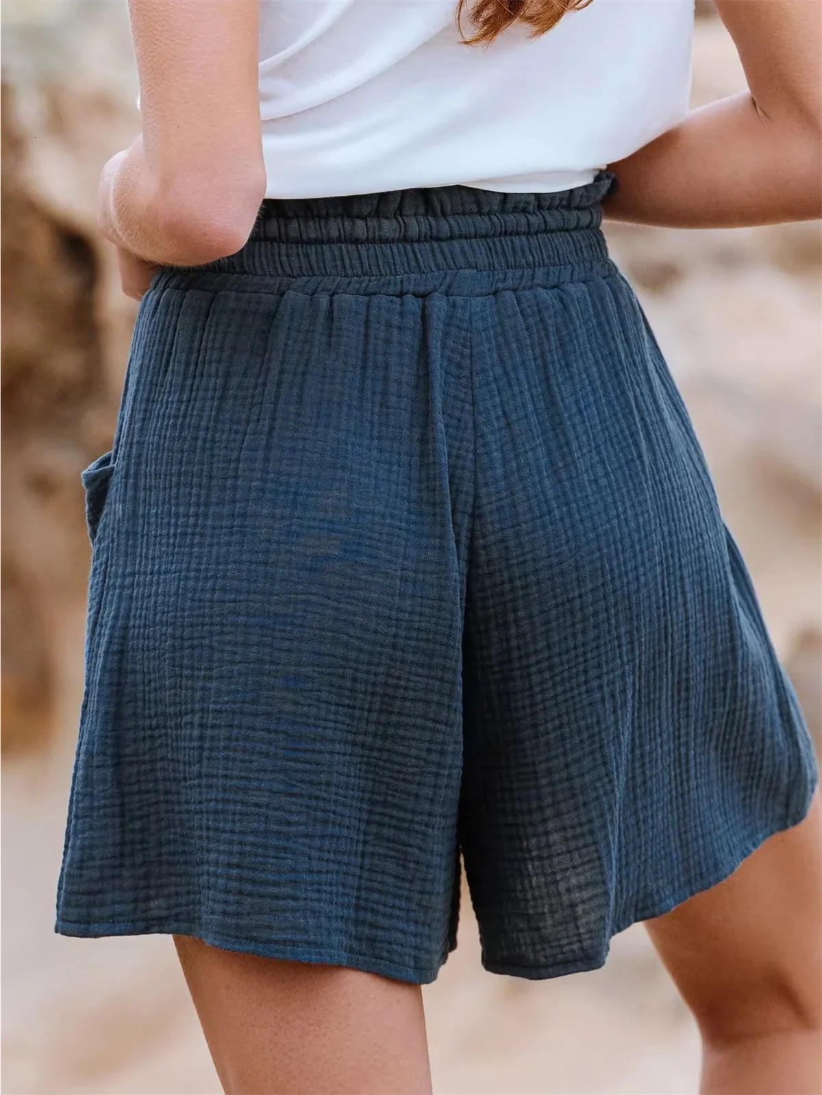 Ladies casual loose cotton elastic waist lace-up shorts 250320