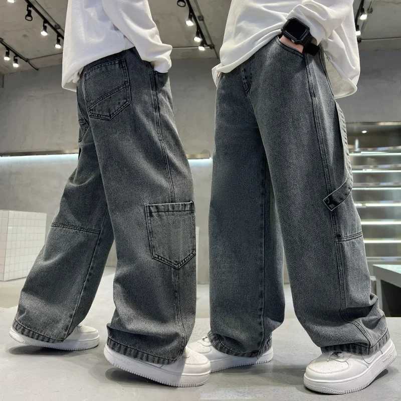 Teenage boys freight jeans Spring and Autumn new style childrens wide leg jeans with loose pockets TrouserT250326
