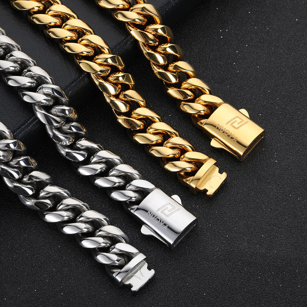 Hip Hop PVD Plated Stainless Steel Necklace Snap Clasp Men Miami Cuban Link Chain Jewelry For Girls Gift Free Laser