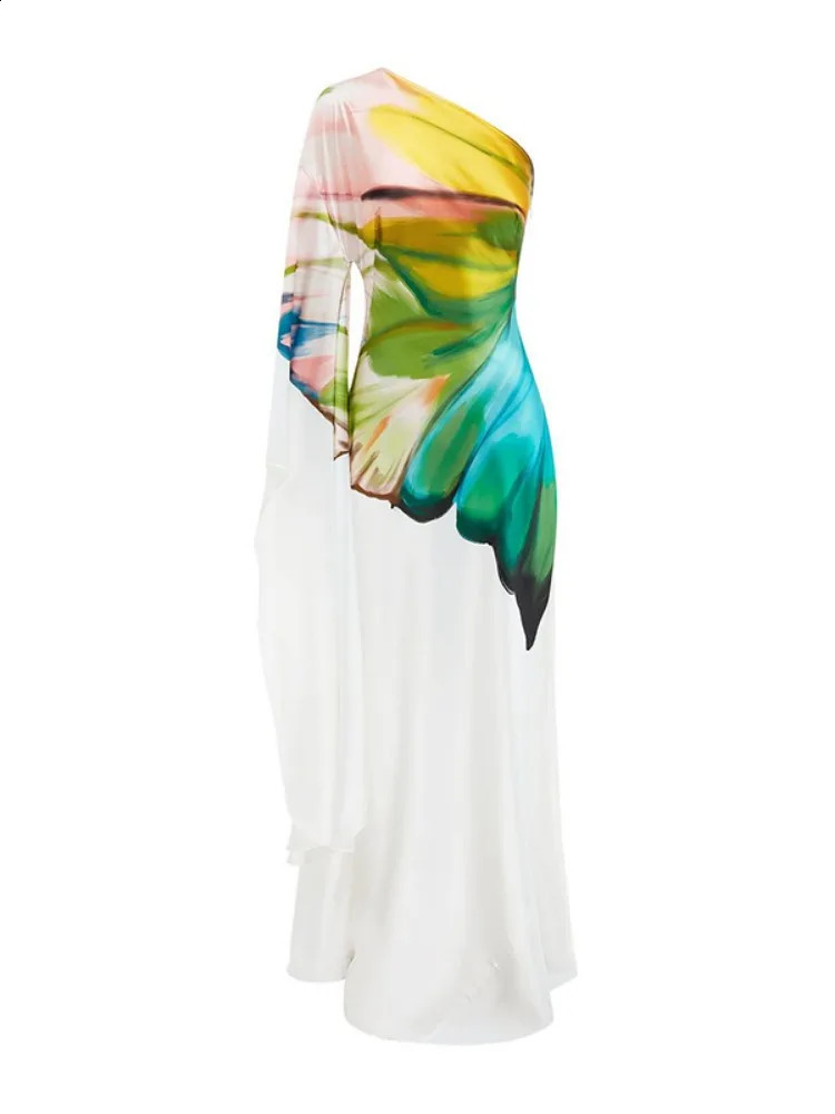 Onecozyday Womens Printed Elegant Evening Dress Single Shoulder Long Sleeve High Waist Folded Asymmetric 250317