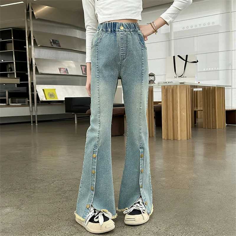 Girls 2024 new jeans childrens spring staple button slit flare pants 6-15 years oldT250326