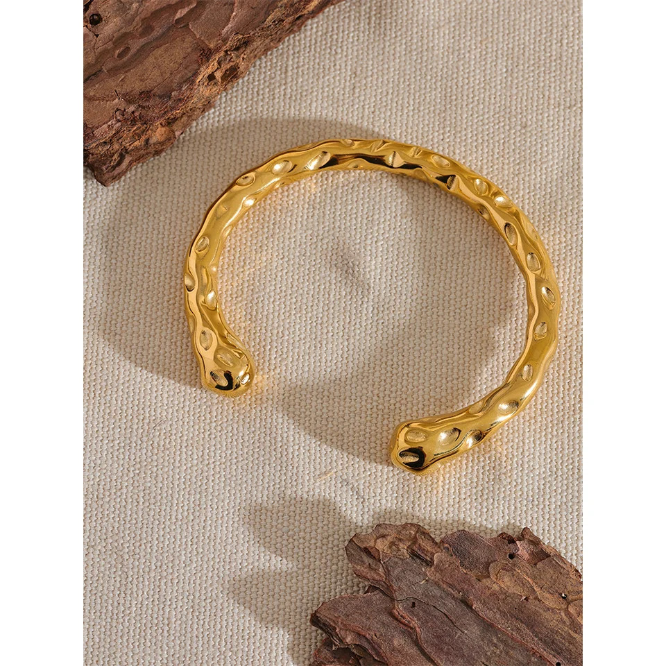 Yhpup Waterproof 316l Stainless Steel Metal Geometric Open Cuff Bracelet Bangle Statement Gold Color Texture Vintage Jewelry 250320