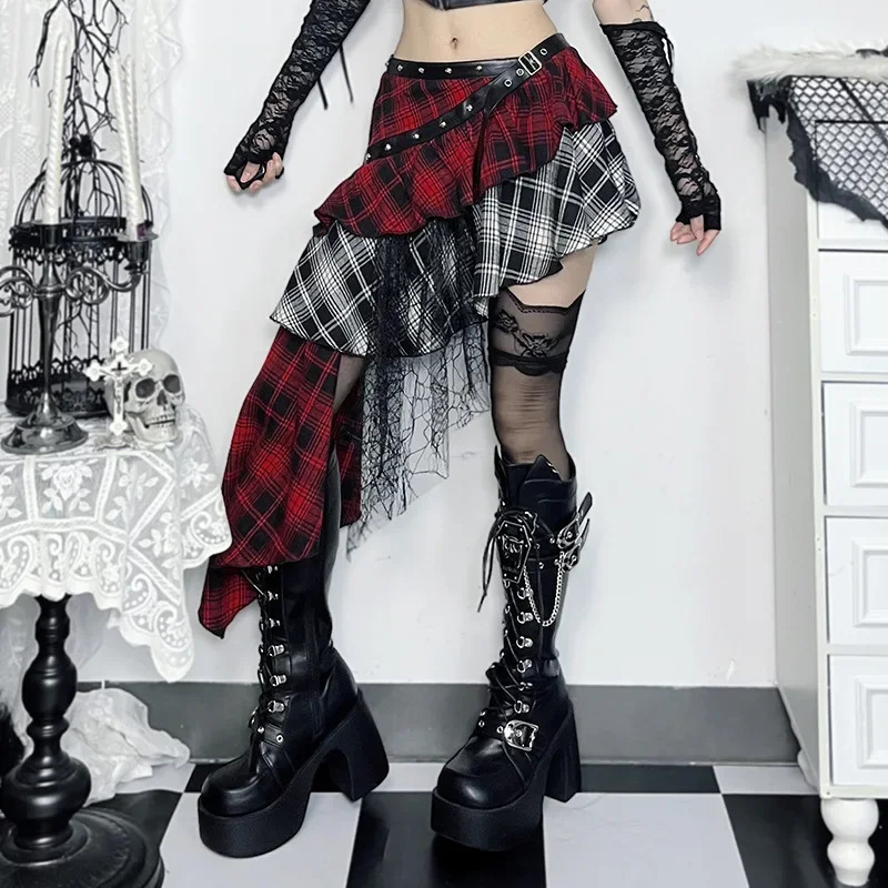 Fall Style CF24300 Womens Slim Fit Plaid Mini Skirt Irregular Hemline Fashionable Spicy Girl Bodycon Skirt 250320