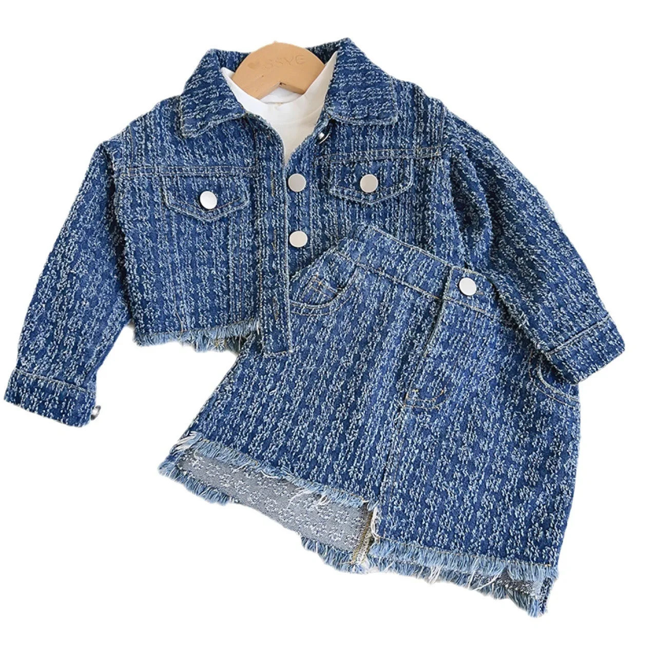 Childrens boutique clothing autumn 2piece set girls top jeans jacket lapel short sleeved fashion preparatory style 250319