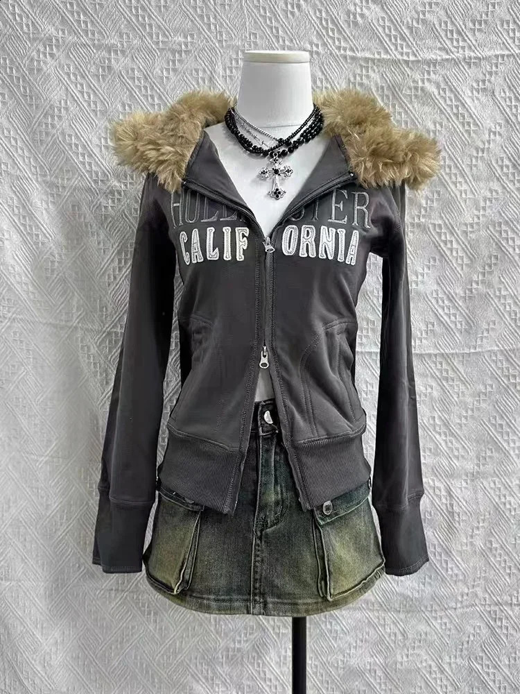 Street fashion winter hoodie womens Korean street solid color zipper sweater loose casual fur collar warm 250317