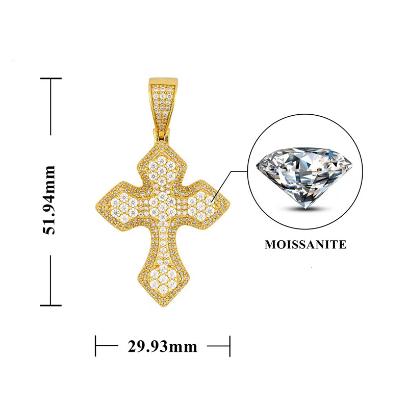 S925 Silver Iced Moissanite Cross Pendant Women Men 16k Gold Finish D Color VVS Hiphop Pendant Necklace Pass Tester Party Gift
