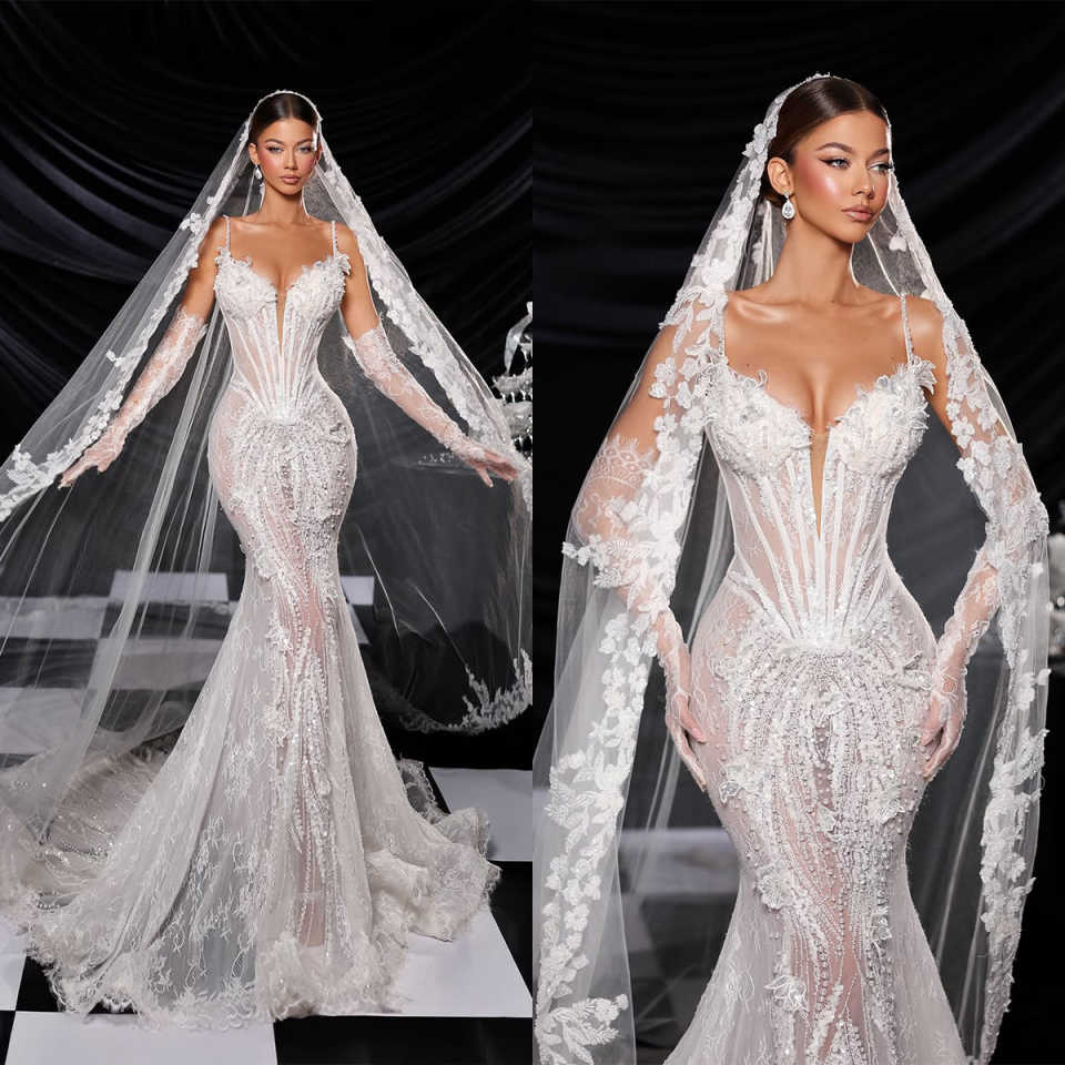 Sexy Spaghetti Straps Mermaid Wedding Dresses Elegant Floral Applique Bridal Gowns Beading Lace Robe De Mariee Customized