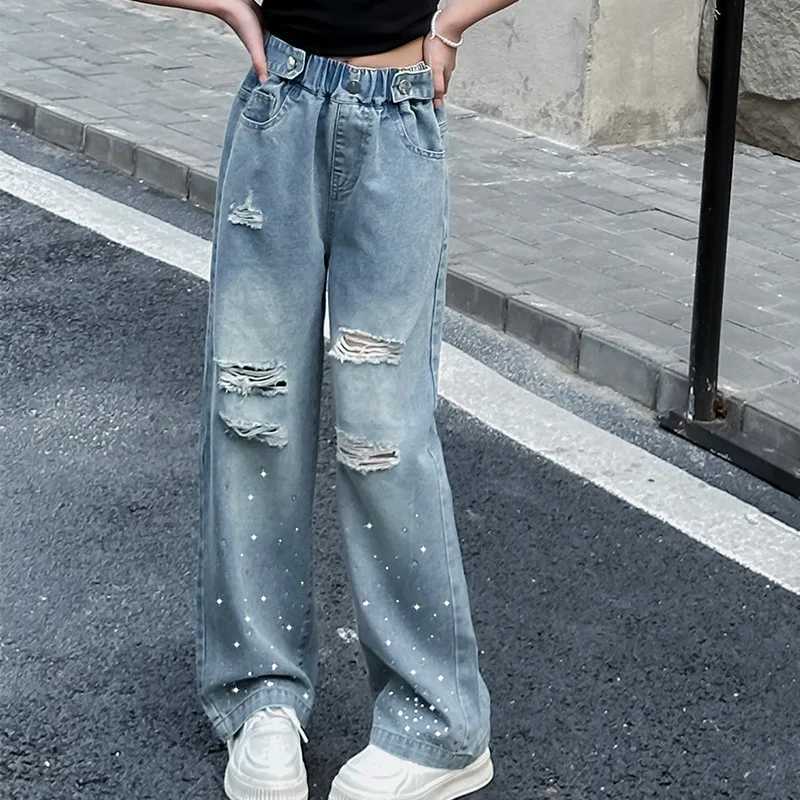 Girls jeans 2024 spring/summer childrens new Korean version perforated hot diamond denim wide leg pants fashionable and queer childrens pantsT2502320