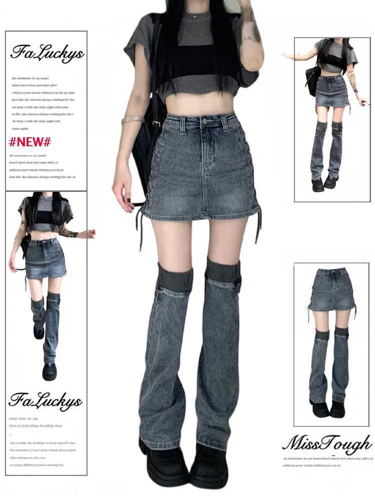 2024 Sweet Design Y2k denim decal set womens lace short skirt+leg warm jeans high waist elastic casual two-piece setXJ250320