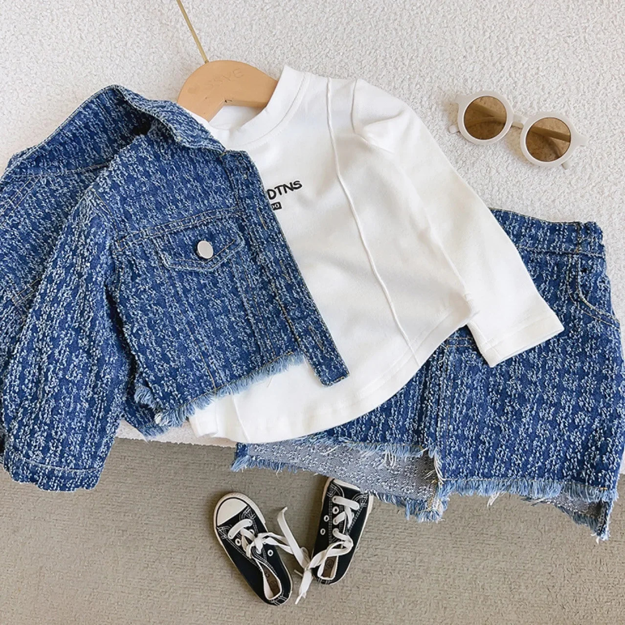 Childrens boutique clothing autumn 2piece set girls top jeans jacket lapel short sleeved fashion preparatory style 250319