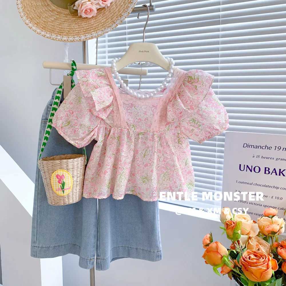 Summer 2023 3-9-year-old girl Korean short sleep top girl baby temperature sweet pink lace shirtT250320