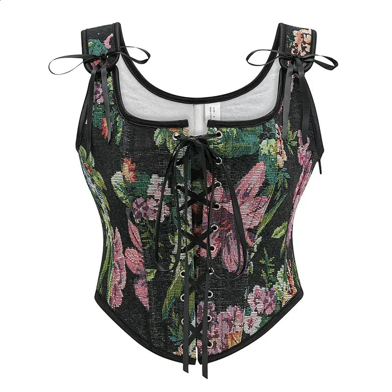 Vintage Gothic Women Corsets Lace Up Zip Floral Prints Corset Tank Top Sexy Waist Trainer Body Shaper Shapewear Slimming Vest 250319