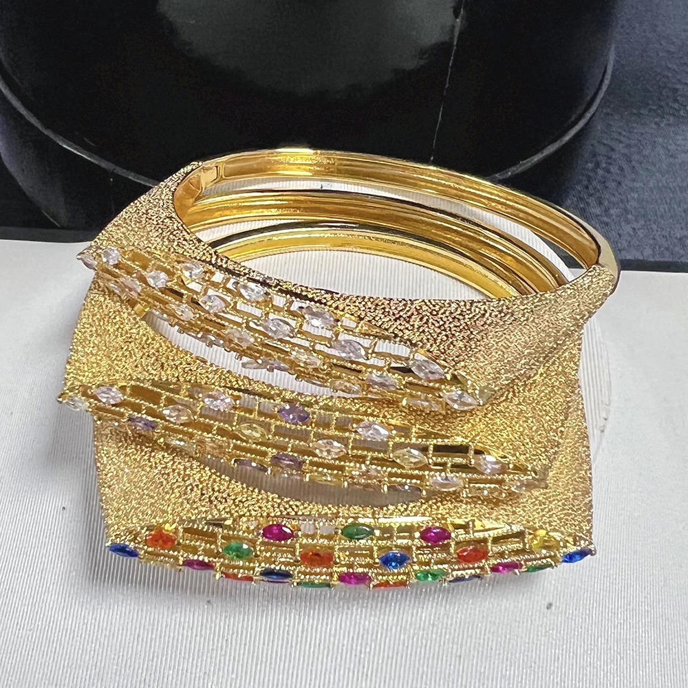 Dubai Gold Color Jewelry Set Colored Stone n Hand Bracelet Weddings Bride Hand Bracelet with Finger Ring 2Pcs Set Brazilian 250320