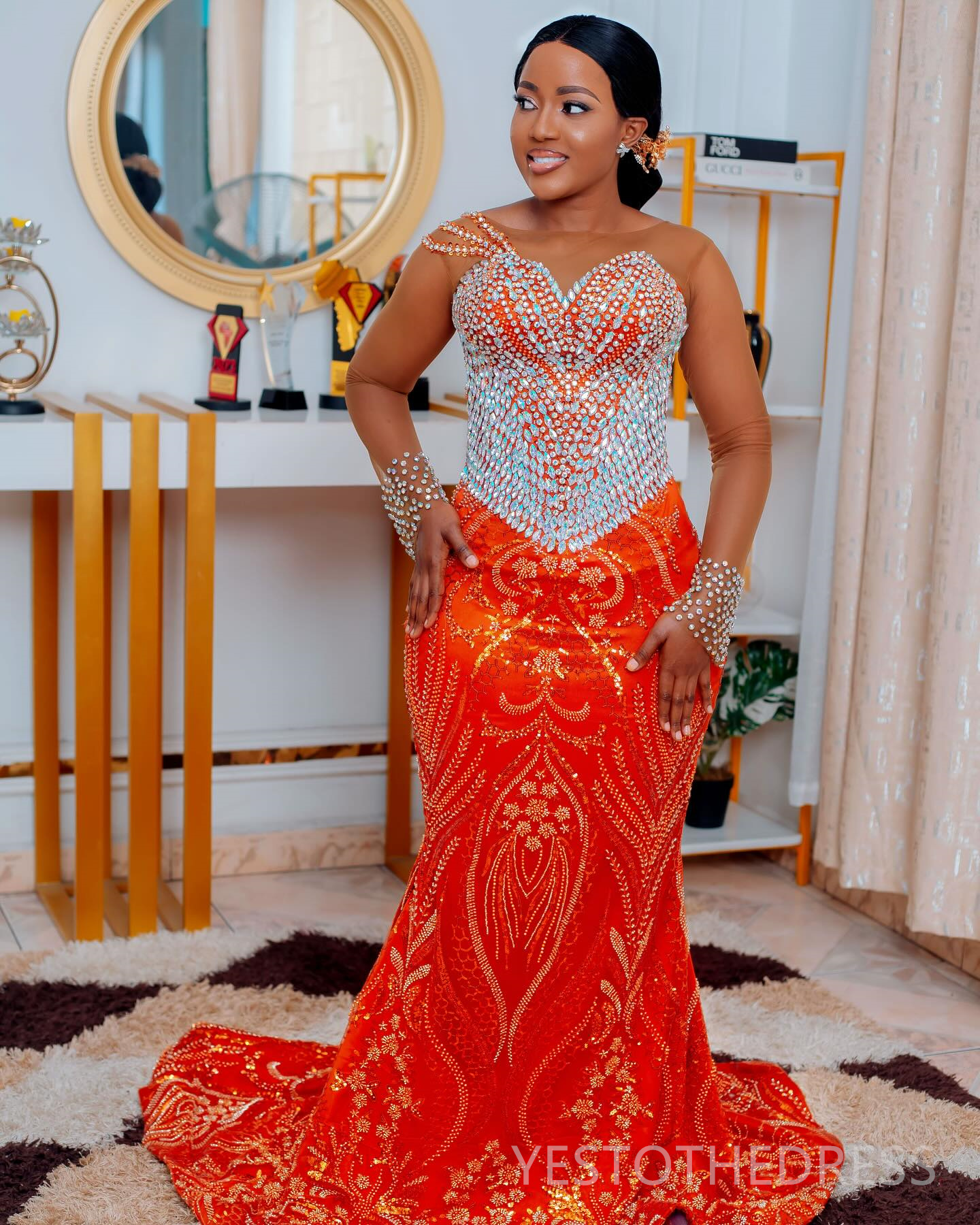 Plus Size Aso Ebi Orange Prom Dresses 2025 Mermaid Prom Dress For Special Occasions Sheer Neck Flora Illusion Beaded Lace Birthday Second Reception Go