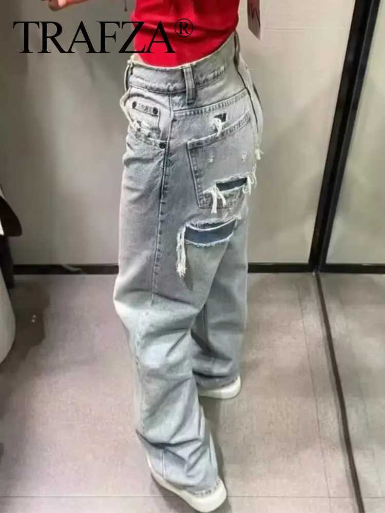 TRAFZA Womens Jeans 2024 Denim Solid Loose Zipper Flying Womens Hole Trouser Pocket Wild Basic Commuter Womens Wide Leg PantsT250319