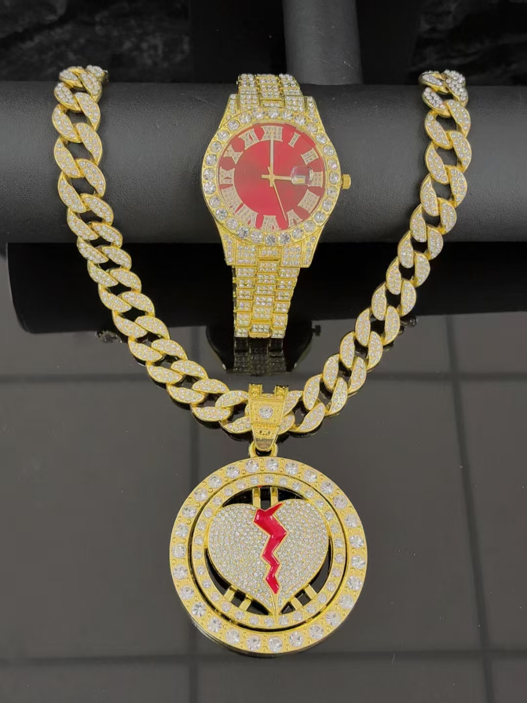 New explosive men Moissanite Cuban necklace fashion jewelry set, hipster men nightclub Cuban chain