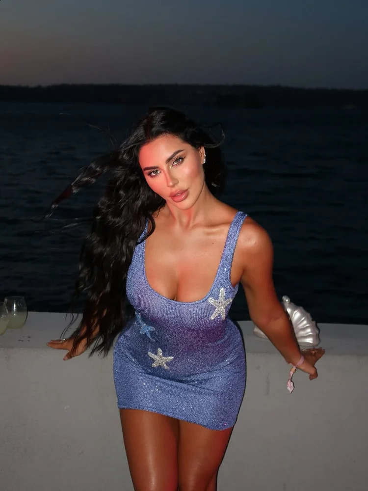 2025 Fashion Purple Printed Starfish Backless Shiny Mini Dress Womens Chic Slim Fit U-neck Sling Short Dresses Lady Party Gowns 250319