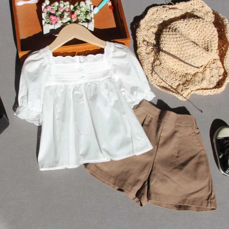 Summer white big girl cotton lace short sleeved top childrens square neckline solid color T-shirt 6 8 10 14 15 yearsT250320