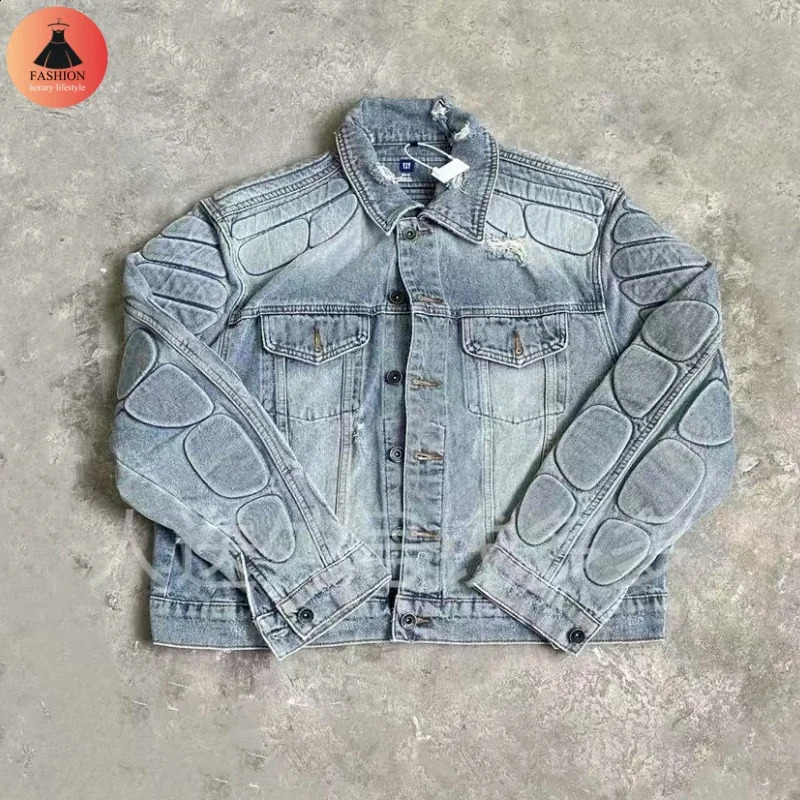 Heavy duty industrial YZY 3D embossed denim jacket washed and pleated shirt vintage mens high-quality jacket 250319