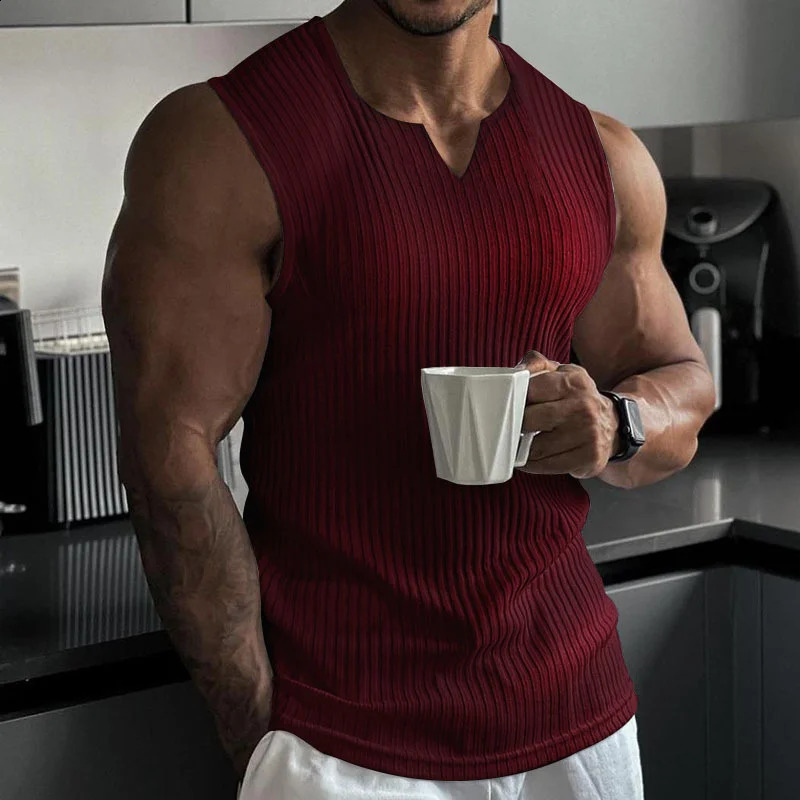 2024 Summer Vneck Tank Top Striped Gym Mens Fitness Sleeveless Shirt Sports Underwear Clothing Training 250319