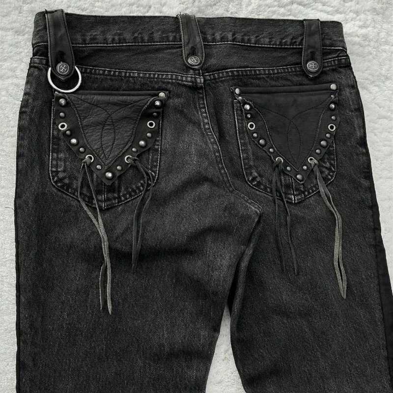 Y2K baggy Jeans Black Vintage Cross Leather Detail Punk Flared Jeans Gothic Streetwear Harajuku men women Casual wide leg jeansT250319