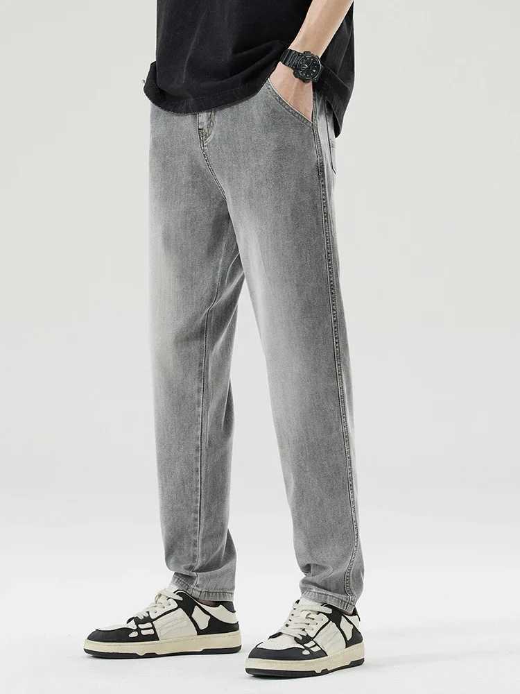 Thin and straight Lyocell mens summer new soft breathable elastic casual and fashionable Korean gray blue denim mens TrouserT250319