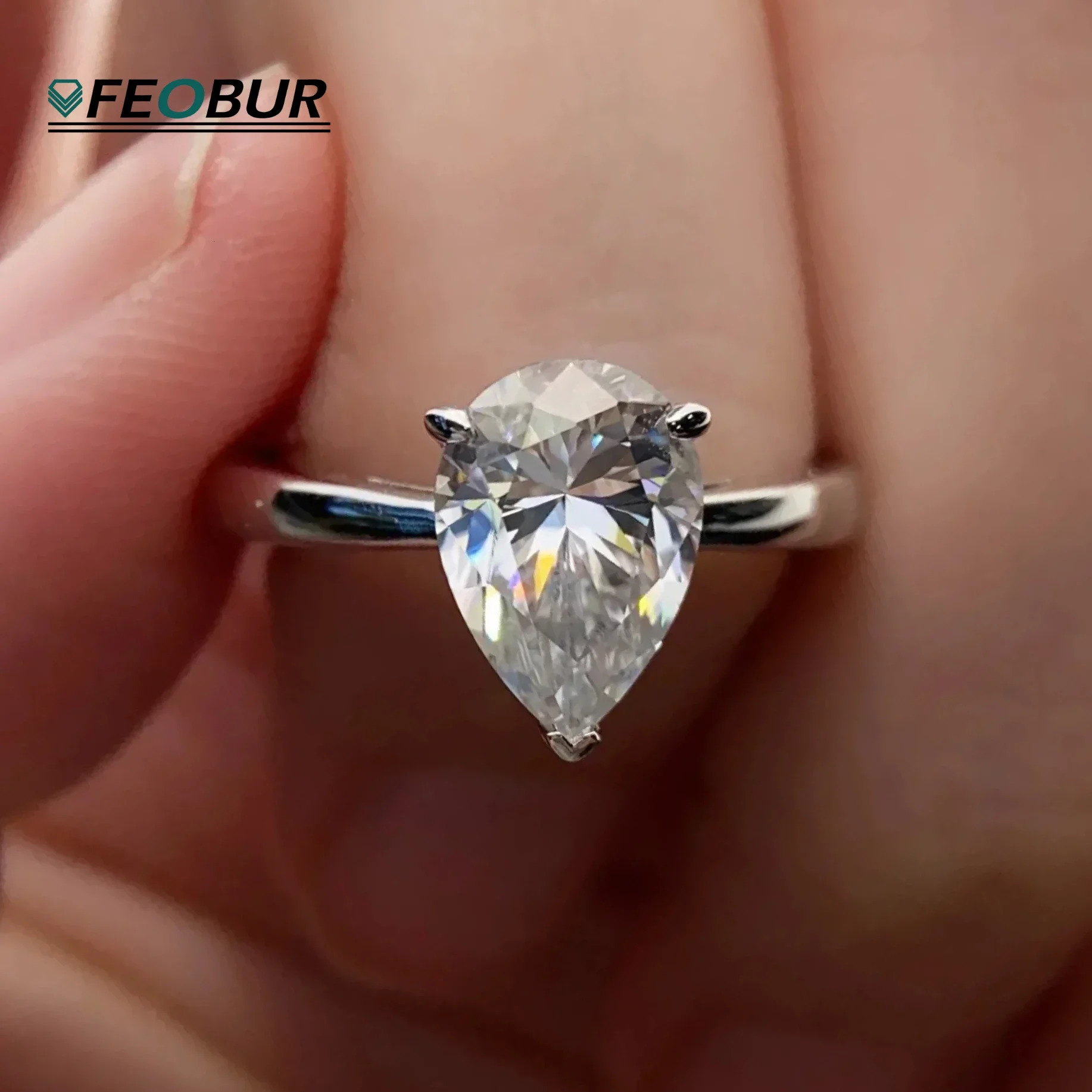 FEOBUR 7*11mm 3Carat Pear Moissanite Ring for Women S925 Sterling Silver Waterdrop Lab Diamond Engagement Wedding Band Jewelry
