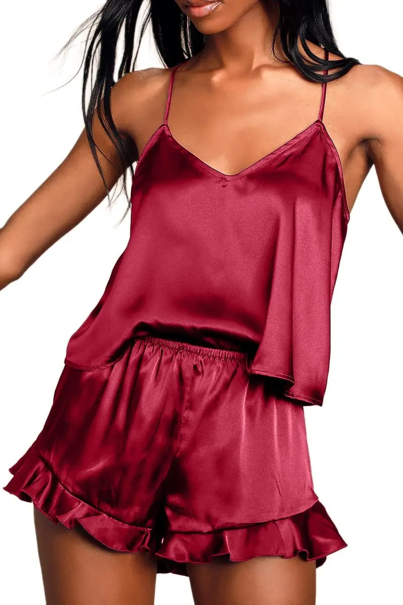 Sexy Silk Satin Pajama Set for Women Cami Top and Ruffled Shorts Bridal Lingerie Perfect for Nightwear 250320