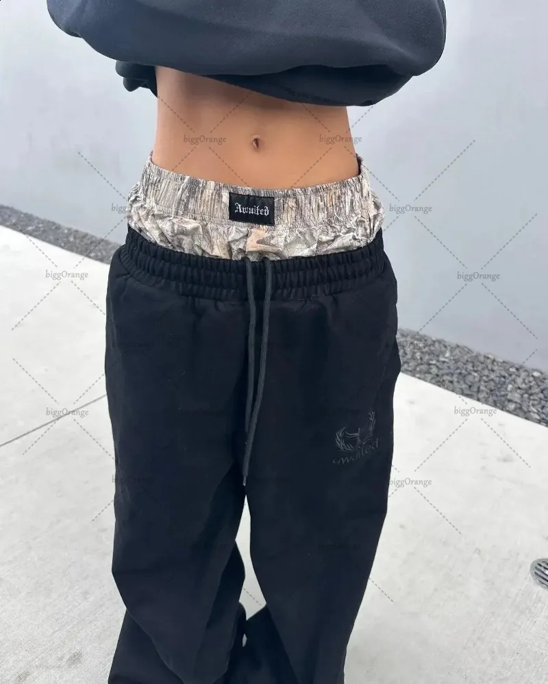 trend clothing Y2K Harajuku camouflage splicing twopiece set mens hiphop casual straight sports pants womens 250317