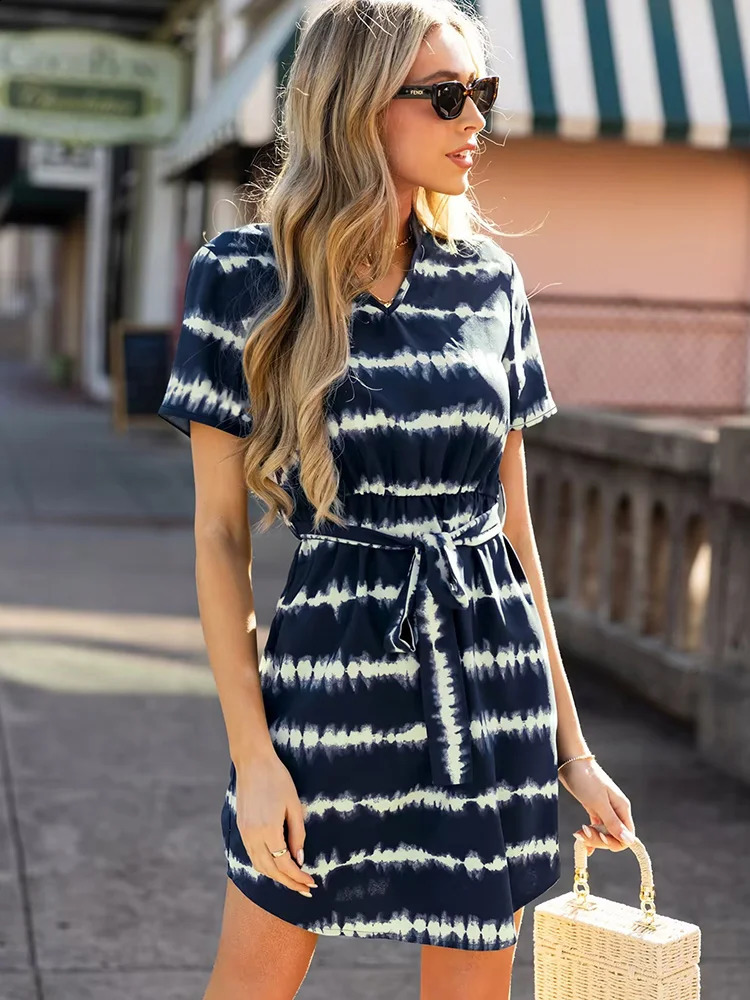 2025 Summer Women Dress Short Sleeve Mini Causal Dresses VNeck Basic Aline Laceup Streak Tiedye print Vacation Bech 250319