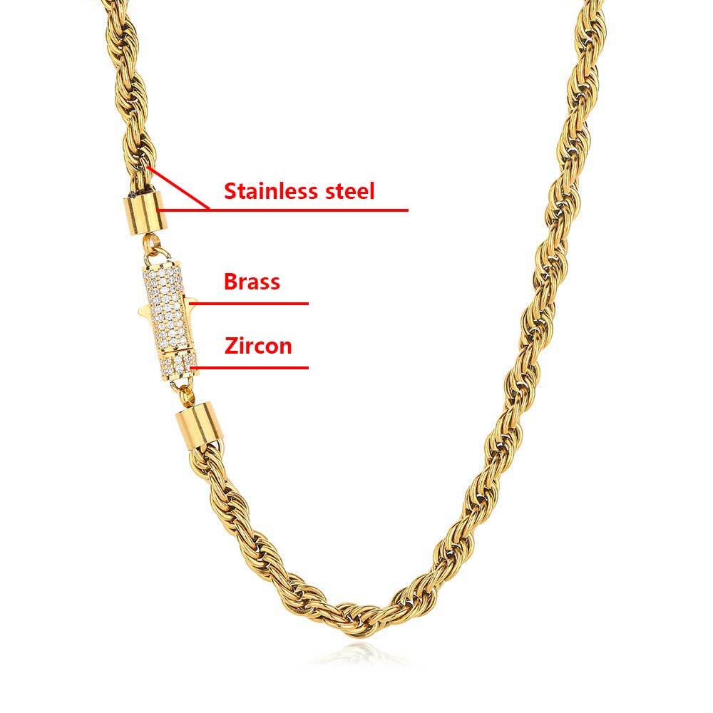 New Style 6mm Iced Out Clasp Rope Chain Stainless Steel Twist Rope Chain Necklace Jewelry For Women Drop Shipping