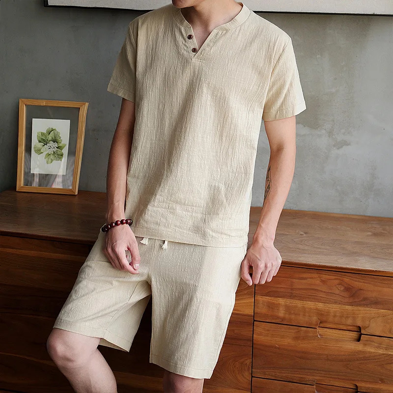 Summer Suit Youth Solid Color V-neck Half-sleeved Bottoming Shirt Short-sleeved Shorts Suit 250319