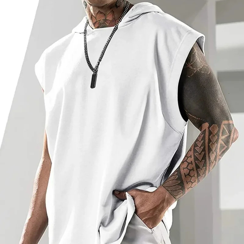 Mens Fitness Pullover Sports Casual Tank Top Sleeveless Hooded Vest Loose Top 250320