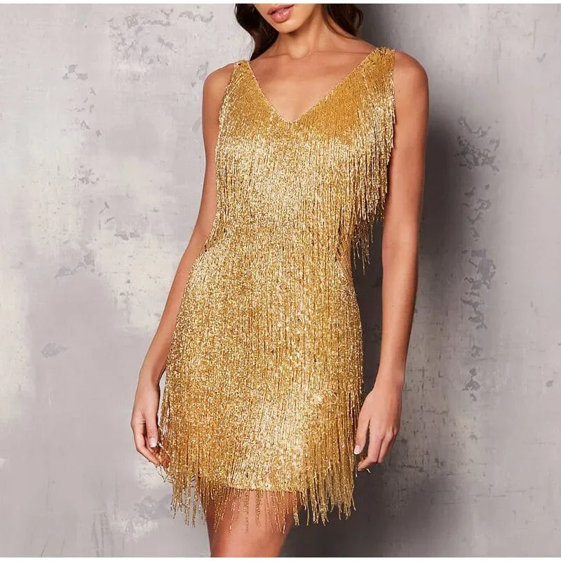 Sexy Tassel Sequins Feather Mini Dress Women Spaghetti Strap Stitching Dresses Female Elegant Evening Party Club 250320