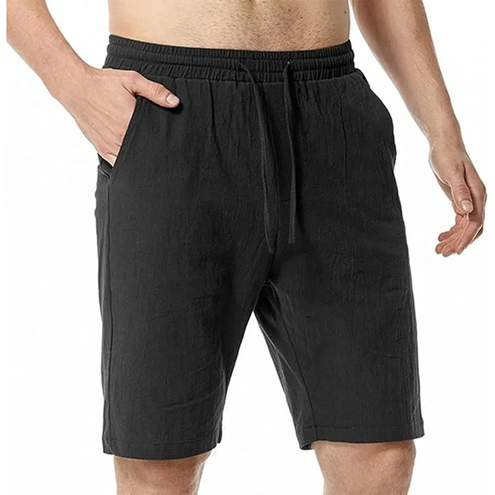 Mens Elastic Waist Solid Color Hawaiian Shorts Casual Cotton Linen Short Pants Men Shorts Breathable Sweatpants Male Bottoms 250320