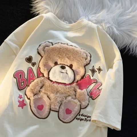 Flocking Bear Pure Cotton Short Sleeve T-shirt Womens Loose Fit Sensible Niche Cute American Style Vintage Couple Top SummerT250320