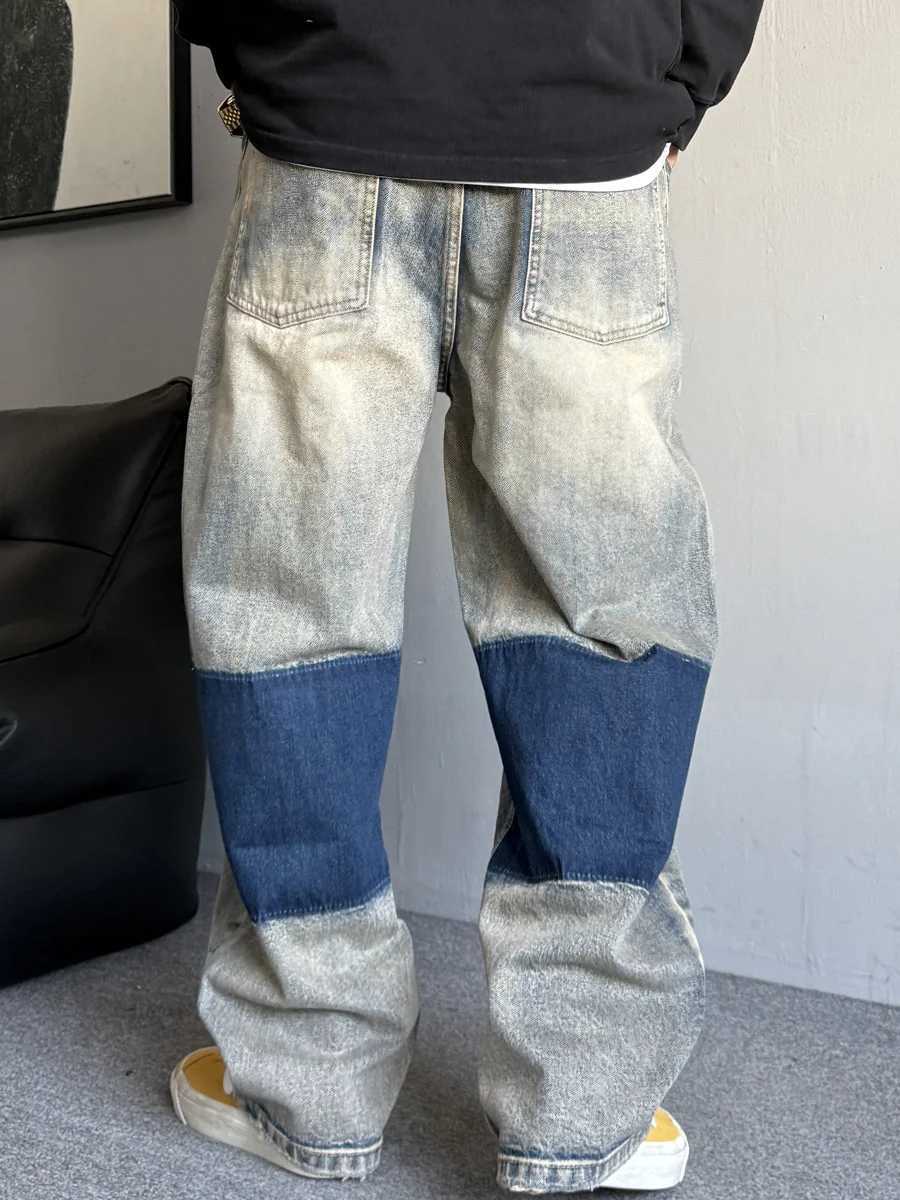 Fashionable mens bag jeans hip-hop street clothing decals work washing denim oversized casual retro loose suitable for urban TrousersT250319
