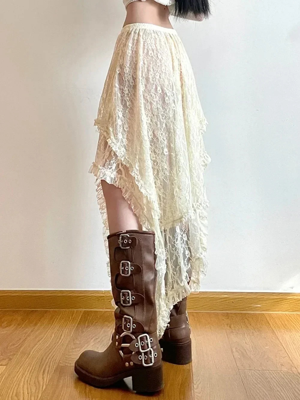 Lace Asymmetrical Skirt Women Vintage Y2K Boho Aesthetic Fashion High Waist Mid Skirts Summer Ladies Holiday Outfits All-match 250320