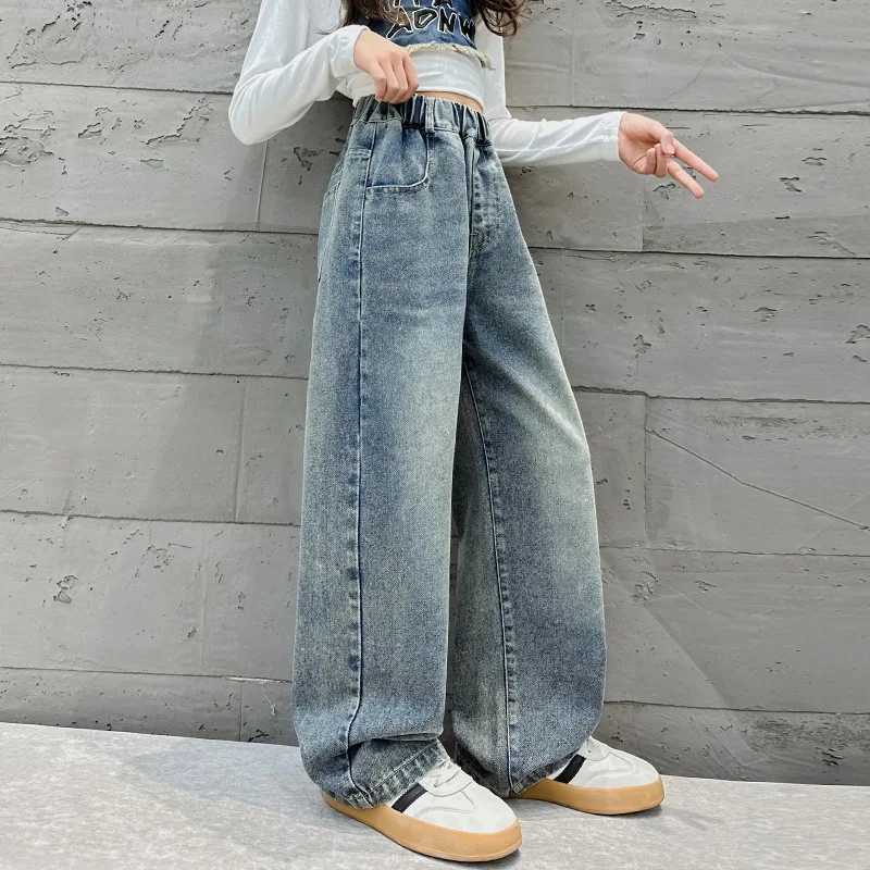 Girls Denim Wide Leg Pants Spring and Autumn Jeans 2024 New Trendy Stylish Childrens Loose Pockets Slimming Straight leg PantsT250326