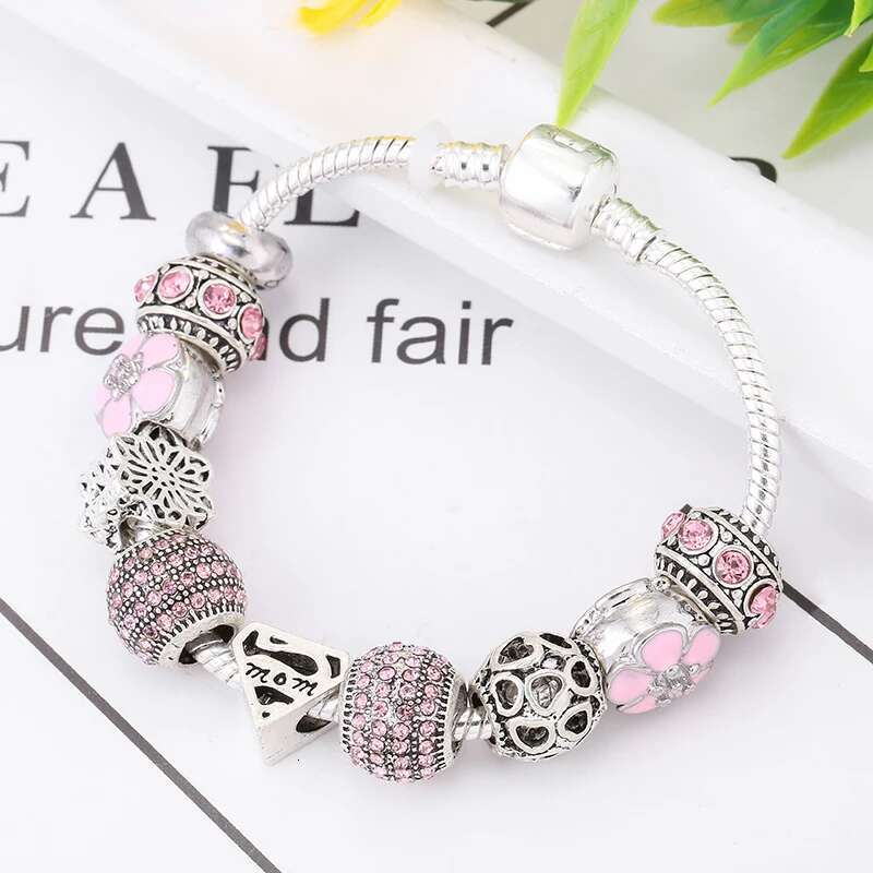 Romantic MOM Charm Bracelet For Women Mother With Flower MOM Beads Fit Original Fine Bracelets Bangles Fashion Jewelry