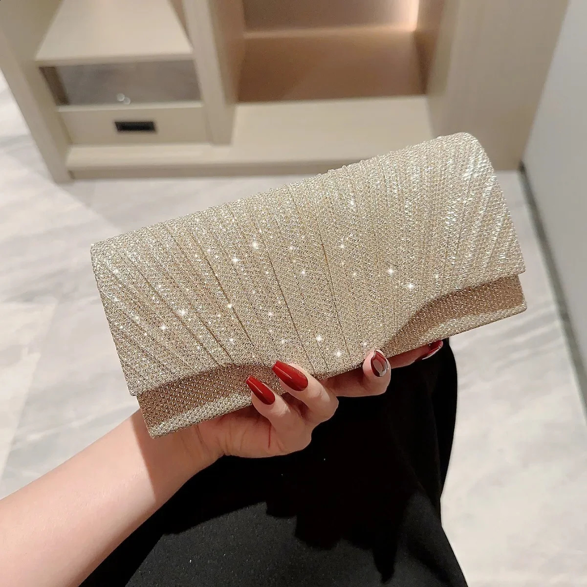Ladies Flash Silver Clutch Bag Envelope Evening Fashion Elegant Long Wallet Chain Shoulder Wedding Party Handbag 250317