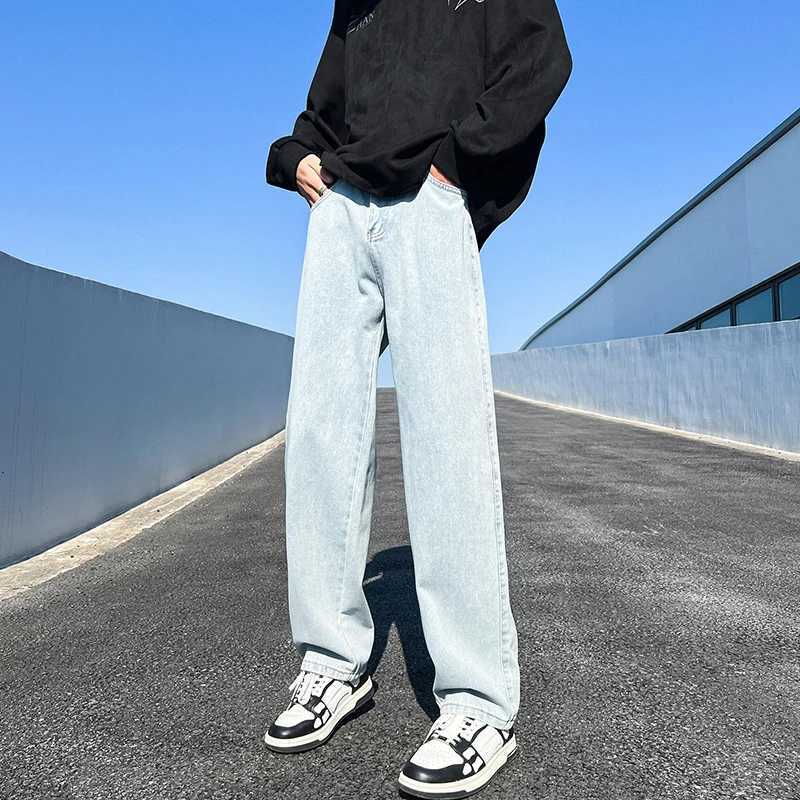 New Mens Denim Wide-leg Pants Korean Style Straight Loose Jeans Street Hip-hop Daily Casual Student Trousers Black Gray BlueT250319