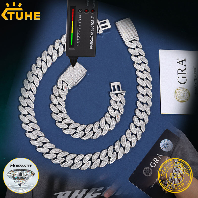 TUHE Hip Hop Unisex High Quality VVS1 Moissanite Baguettes Cuban Chain Necklace 925 Silver For Men Hip Hop Jewelry