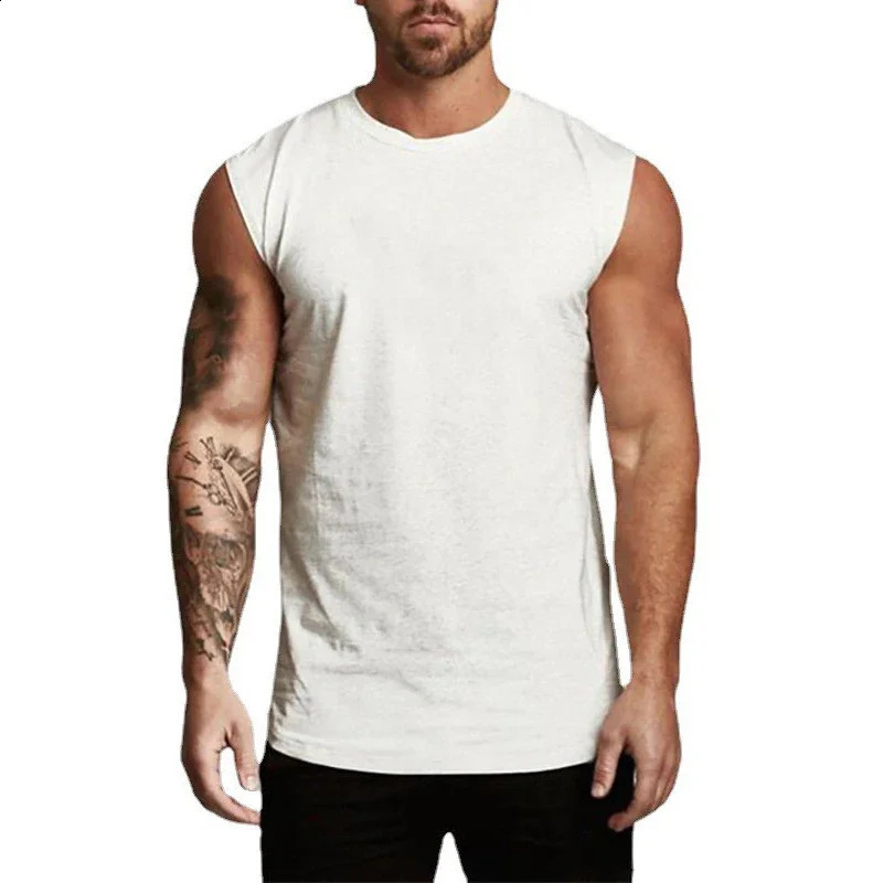 Compressed cotton vest mens gym breathable clothing fitness sleeveless Tshirt summer exercise casual sports muscle 250319