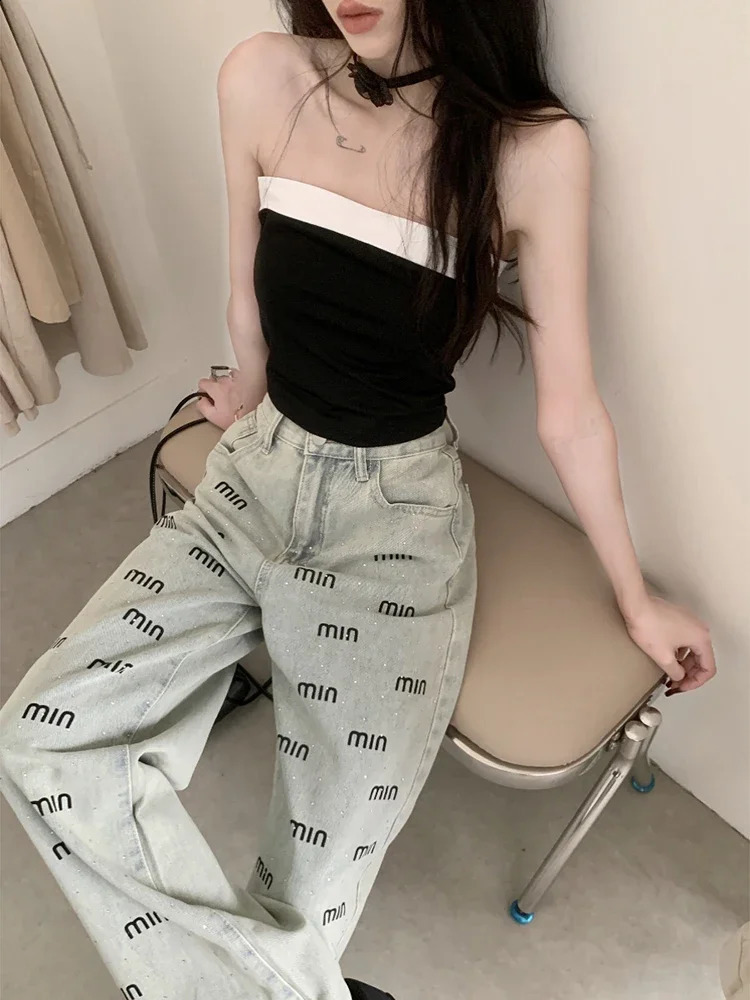 Women Rhinestone Embroidered Letter Wide-Leg Jeans Spring High Waist Loose and Slimming Straight Mopping Pants 250319