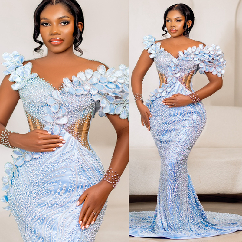 Aso Ebi Light Blue Prom Dresses 2025 Mermaid Prom Dress For Special Occasions Sheer Neck Long Sleeves Folra Beaded Lace Birthday Second Reception Gown