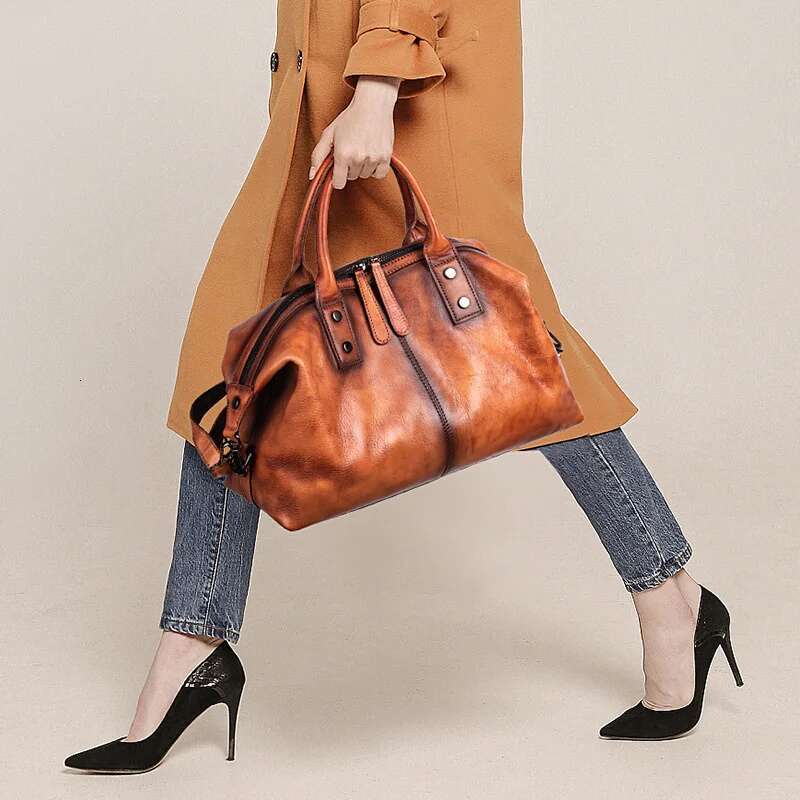 2025 New Hand Painted Women Handbag Genuine Cowhide Leather Dumpg Large Capacity Vintage Top-Handle Bag For Female