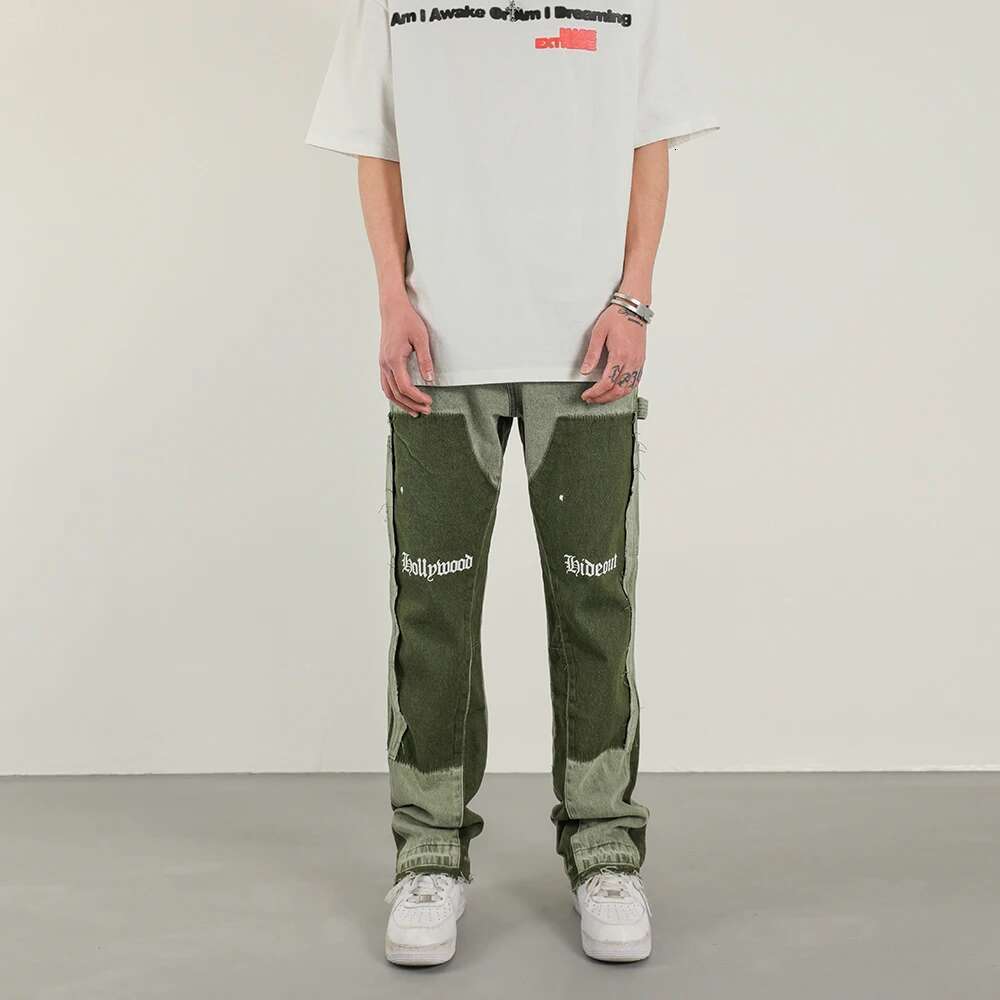 Designer Jeans Vintage Green Distressed Patch Men's Horn Jeans Hip-hop Ink Block Color Street Wear Casual Slim Fit Wide Jeans Y2k Green Jeans